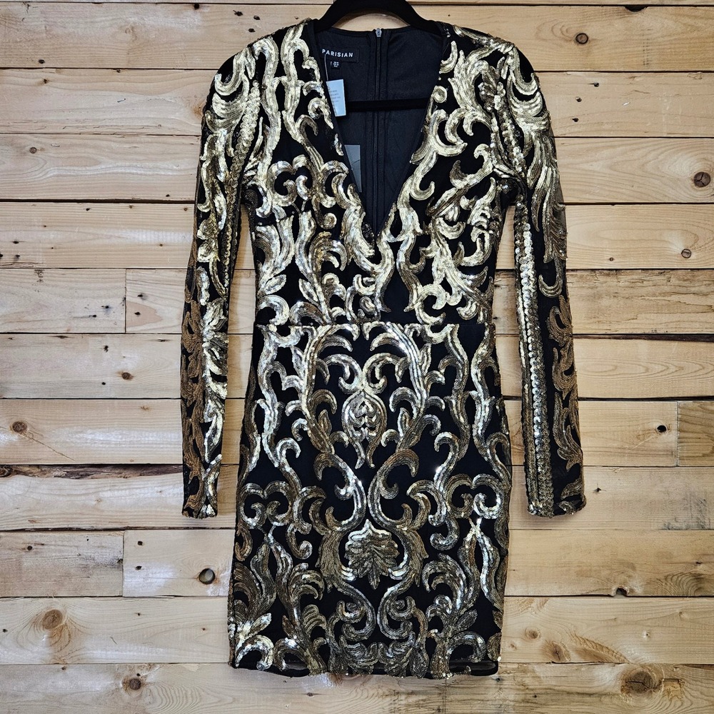 Parisian Black Gold Sequin Mini Dress Long Sleeve V-Neck US 6 NEW